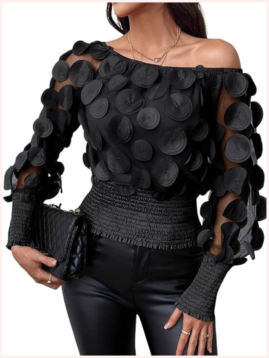 Tops - Long Sleeve Mesh Top Off Shoulder Sheer See Through Blouse Women's